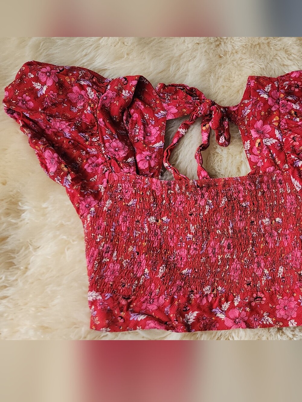 Free People Red & Pink Floral Smocked Crop Top